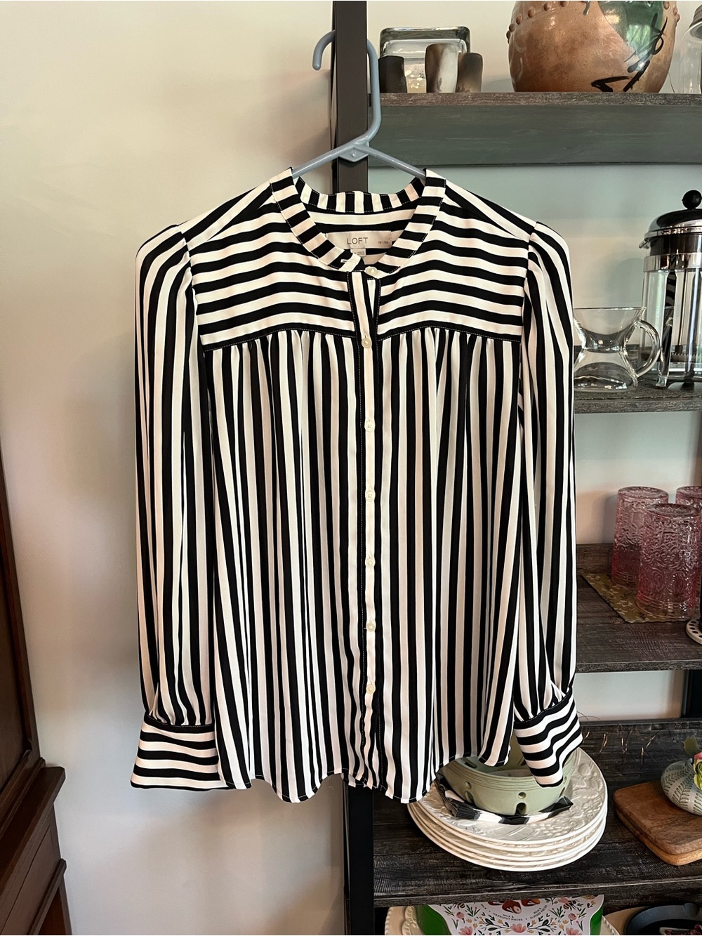LOFT Black and White Vertical Stripe Button Up Front Blouse Puff Shoulder Flowy